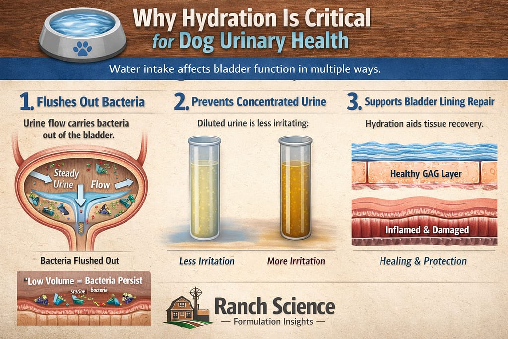 Infographic showing how hydration supports dog urinary health by flushing bacteria, preventing concentrated urine, and helping repair the bladder lining.