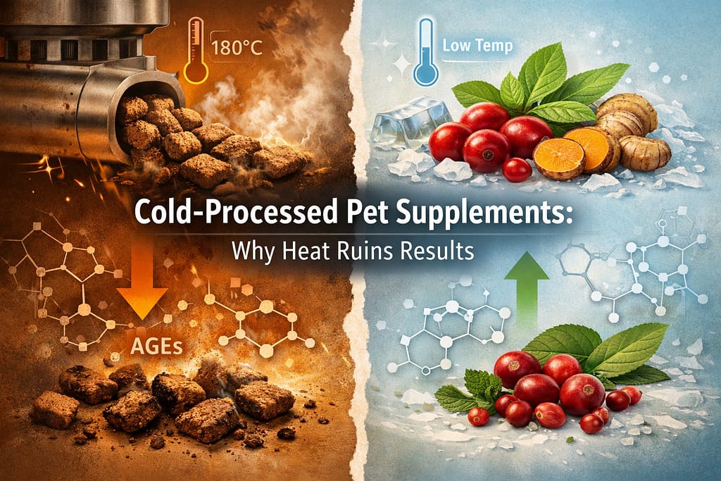 Split-view comparison showing high-heat extrusion degrading pet supplement nutrients versus cold-processing preserving intact ingredients and molecular structure.