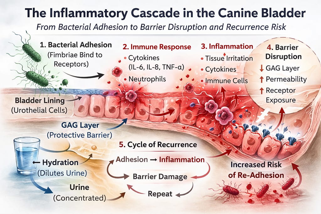Detailed infographic explaining the bladder inflammation cycle and recurrence risk in canine urinary tract issues.