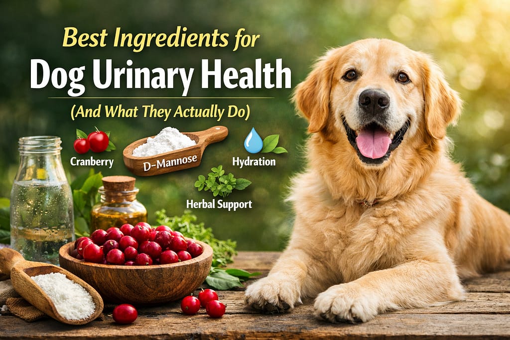 Golden Retriever with cranberry, D-mannose powder, and hydration elements illustrating key ingredients that support dog urinary tract health