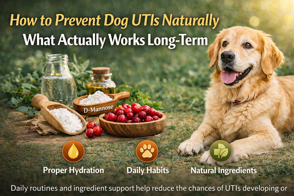 Golden Retriever with cranberry, D-mannose, and hydration elements representing natural ways to support and prevent urinary tract infections in dogs
