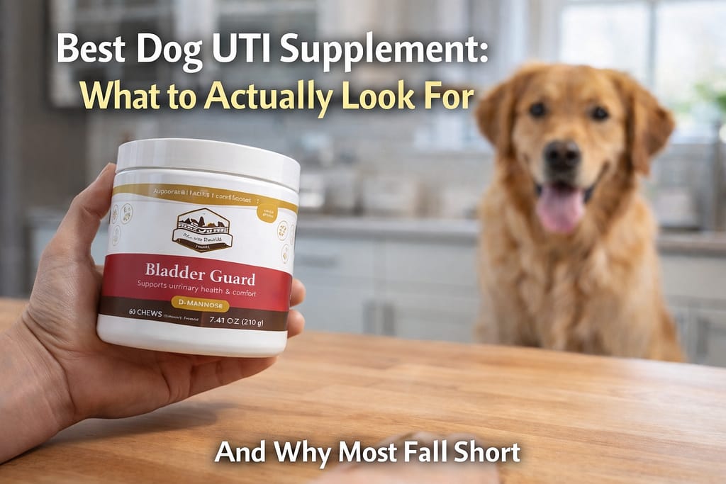 dog owner holding bladder support supplement while comparing what makes the best dog UTI supplement for urinary health