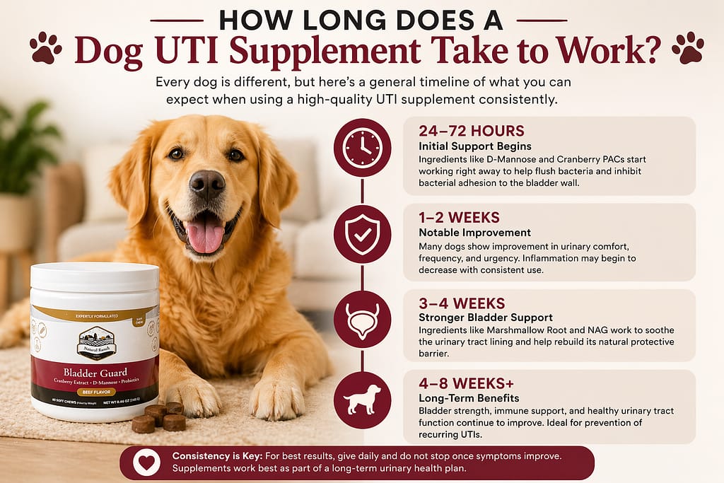 Golden retriever lying beside Bladder Guard Soft Chews jar with infographic timeline explaining how long a dog UTI supplement takes to work, including urinary health improvement stages from 24 hours to 8 weeks.