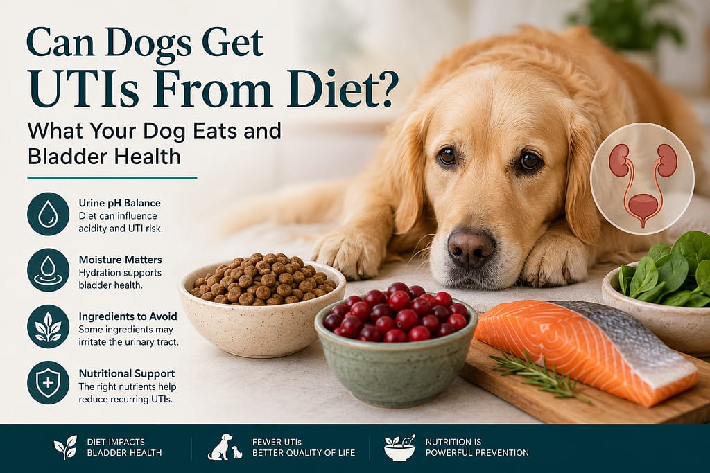 Golden retriever lying next to dog food and fresh ingredients with infographic explaining how diet affects dog urinary health, including urine pH, hydration, ingredients to avoid, and nutritional support for preventing UTIs.