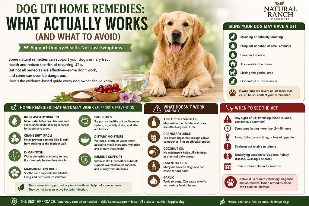 Educational infographic about dog UTI home remedies explaining what works and what to avoid. Includes hydration, cranberry PACs, D-Mannose, marshmallow root, probiotics, and dietary moisture as supportive strategies, while warning against garlic, essential oils, apple cider vinegar, and untreated infections. Features a golden retriever, urinary health icons, and veterinary guidance in a Pinterest-style layout.