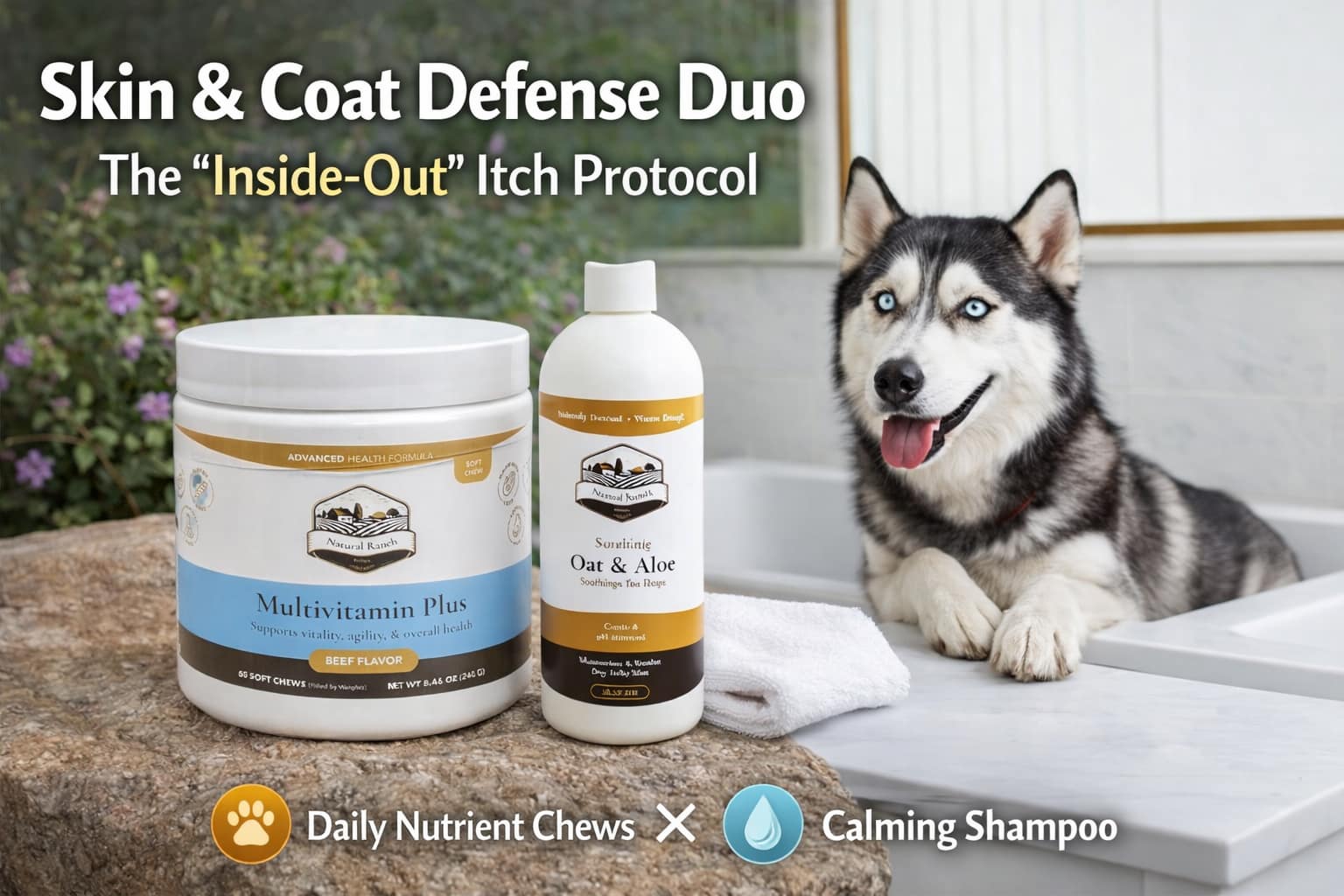 Dog skin and coat support bundle featuring Natural Ranch Multivitamin Plus soft chews and oat and aloe soothing shampoo, designed to support itching, dry skin, and coat health from the inside out