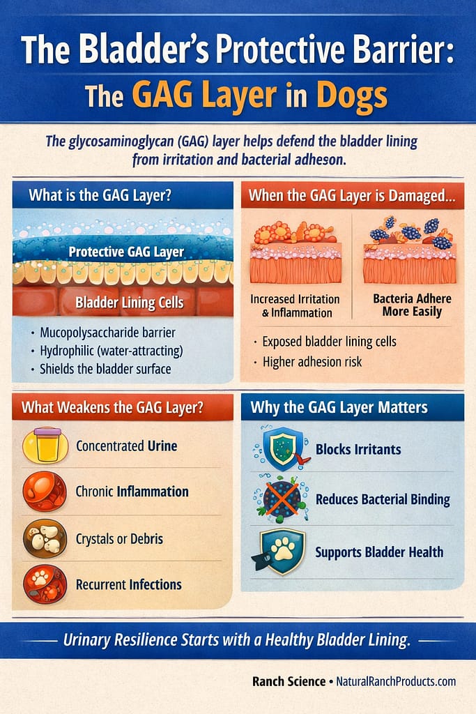 Diagram showing the protective GAG layer lining the bladder in dogs and how damage increases bacterial adhesion and inflammation.