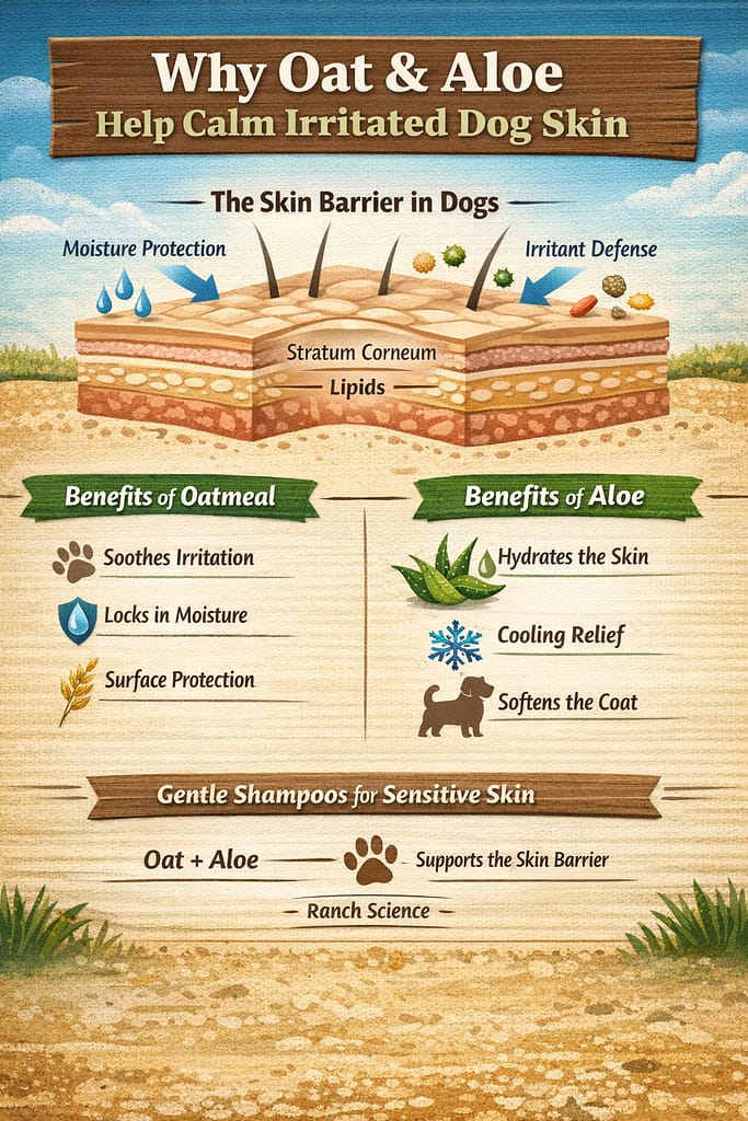 Infographic showing how oatmeal and aloe help calm irritated dog skin by supporting the canine skin barrier, retaining moisture, soothing irritation, and improving coat condition.