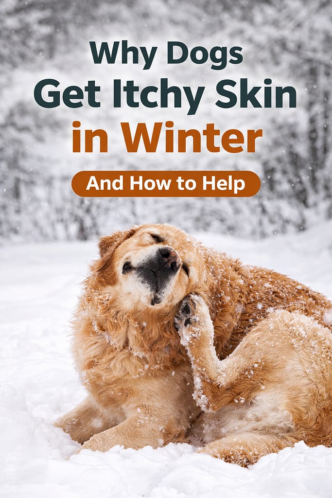 Golden Retriever scratching itchy skin while lying in snow during winter, illustrating seasonal dry skin and irritation in dogs