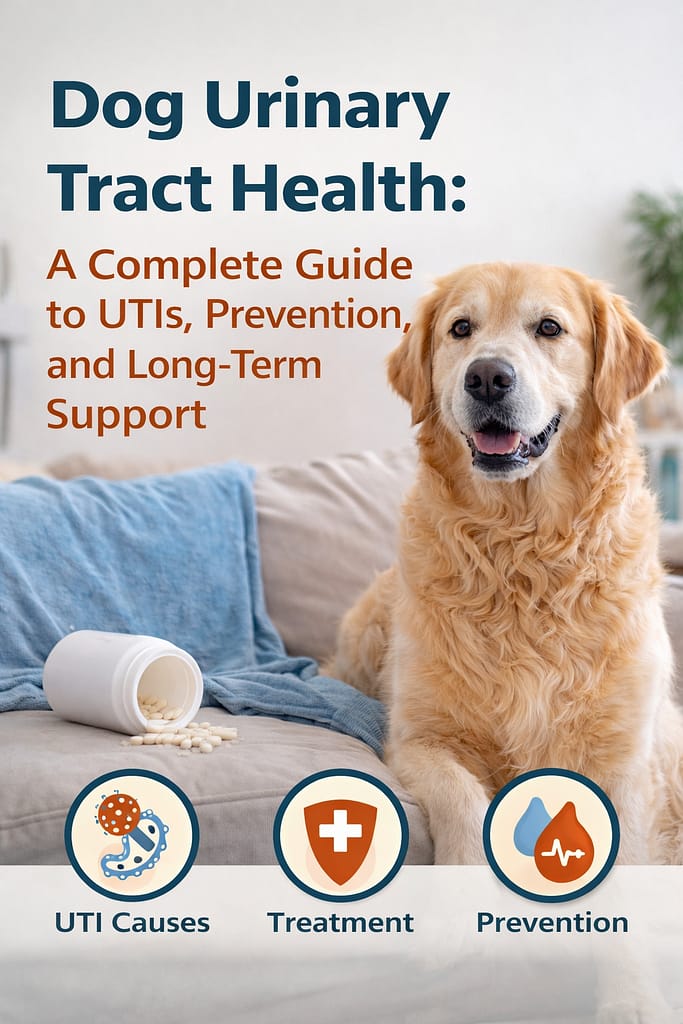 Dog urinary tract health infographic showing UTI causes, treatment, and prevention with a Golden Retriever and medication, representing recurring dog UTIs and long-term bladder support.