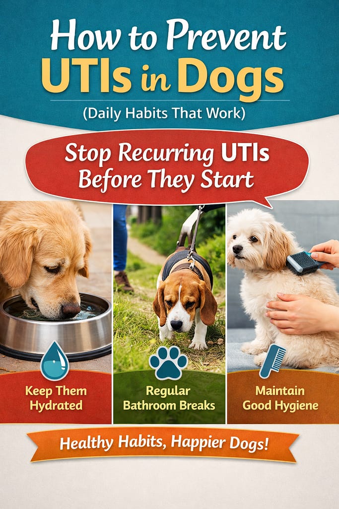 Infographic showing how to prevent UTIs in dogs through hydration, regular bathroom breaks, and proper hygiene to support urinary health.