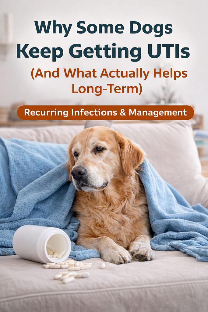 Golden Retriever wrapped in a blanket on a couch with a pill bottle nearby, representing recurring urinary tract infections in dogs and long-term bladder health management.