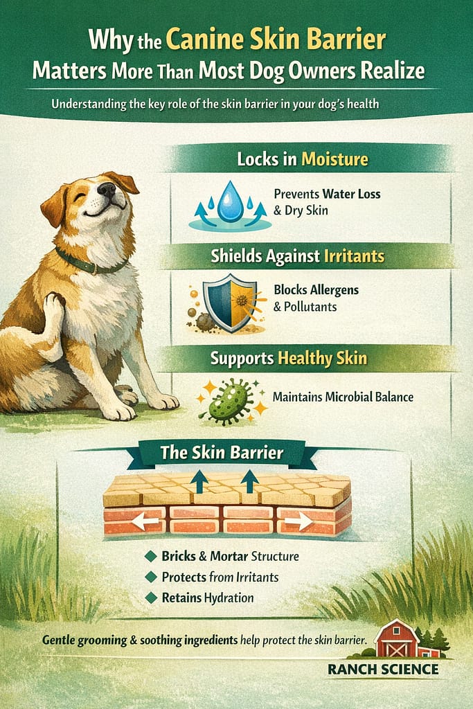 Infographic showing how the canine skin barrier works, including moisture retention, protection from irritants, and support for healthy dog skin and microbial balance.