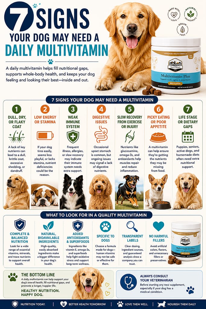 Educational infographic about seven signs your dog needs a multivitamin, including dull coat, low energy, weak immune system, digestive issues, slow recovery, picky eating, and dietary gaps. Features multiple dog breeds, wellness icons, and a Natural Ranch Multivitamin Plus supplement container in a clean Pinterest-style layout.