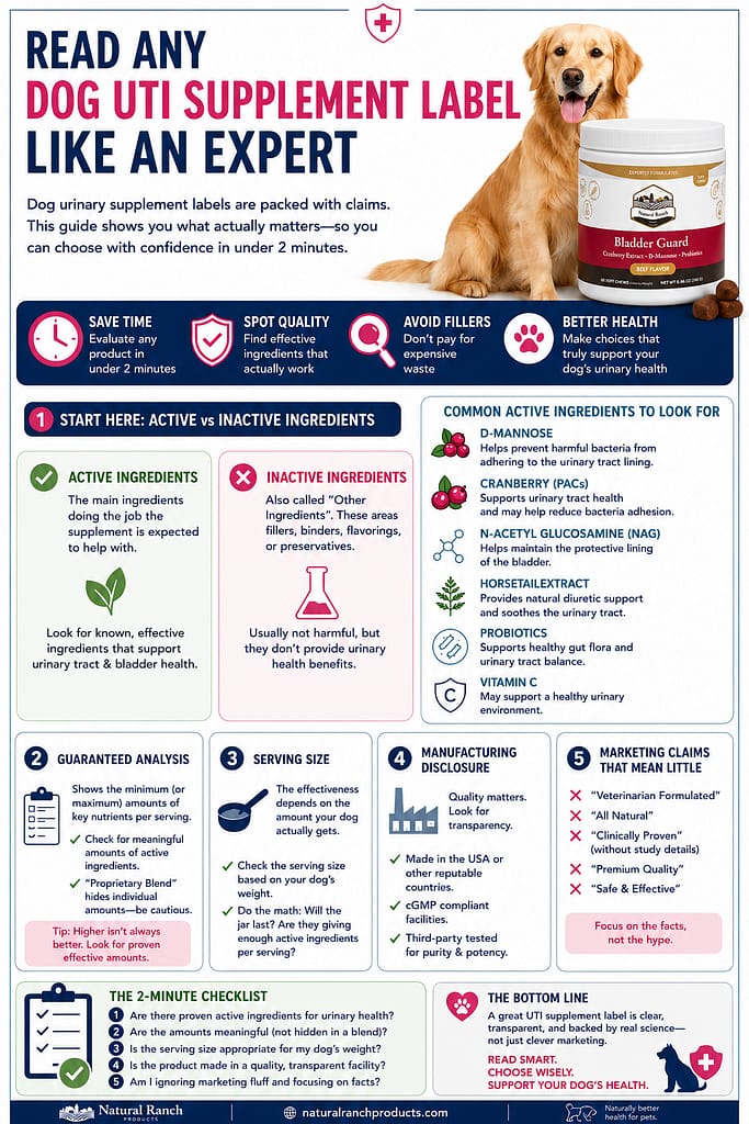 Educational infographic explaining how to read a dog UTI supplement label, including active vs inactive ingredients, guaranteed analysis, serving size, manufacturing transparency, and common marketing claims. Features a golden retriever, supplement bottle, and urinary health ingredient icons in a clean Pinterest-style layout.