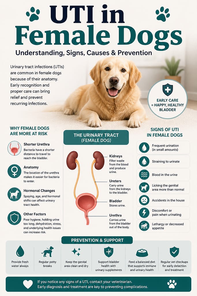 Infographic about UTIs in female dogs featuring a golden retriever, female canine urinary tract diagram, common symptoms of urinary tract infections, causes of increased risk in female dogs, and prevention tips for supporting bladder and urinary health.