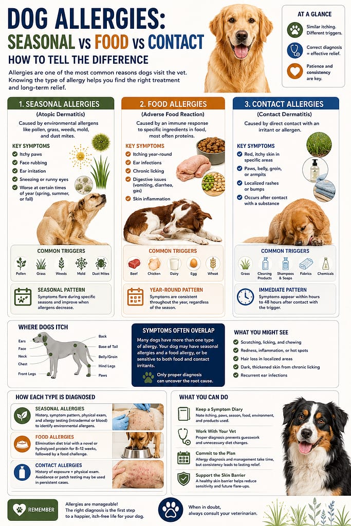 Educational infographic comparing dog allergies:Seasonal vs Food vs Contact. Includes symptoms, common triggers, body itch locations, seasonal patterns, diagnostic methods, and treatment guidance. Features dogs, allergy icons, pollen and food graphics, and a clean veterinary-style Pinterest infographic layout.
