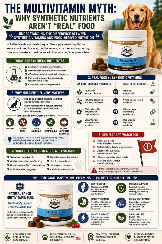 The Multivitamin Myth: Why Synthetic vitamins Nutrients Aren't "Real" Food educational infographic featuring Natural Ranch Products Multivitamin Plus soft chews. The infographic compares synthetic vitamins and food-derived nutrients, explains how nutrient systems work in the body, highlights nutrient cofactors and supporting compounds, identifies common supplement red flags, and provides a checklist for choosing a high-quality dog multivitamin. Includes sections on joint health, immune support, digestive health, skin and coat wellness, and cold-pressed nutritional support in a Pinterest-style educational layout.