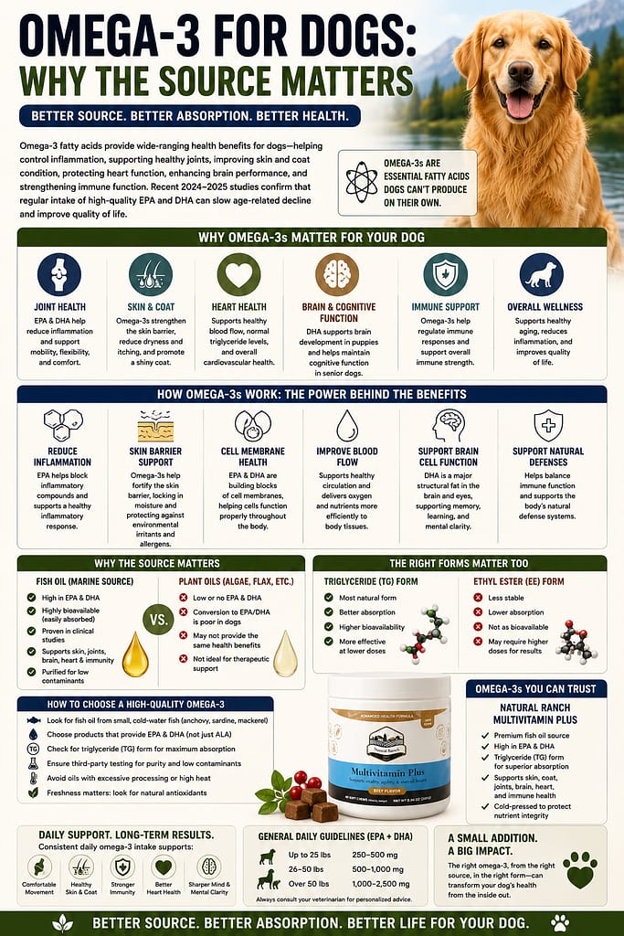 Omega-3 for Dogs: Why the Source Matters educational infographic featuring a golden retriever and Natural Ranch Products Multivitamin Plus. The infographic explains the benefits of omega-3 fatty acids for dogs, including support for skin and coat health, joint comfort, heart health, brain function, immune support, and overall wellness. It compares fish oil sources versus plant-based omega-3 sources, triglyceride (TG) versus ethyl ester (EE) forms, and provides guidance on choosing a high-quality omega-3 supplement for dogs. Designed in a Pinterest-style educational format focused on canine nutrition, healthy aging, and omega-3 absorption.