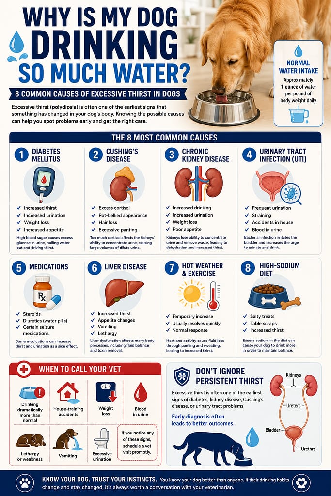 Why Is My Dog Drinking So Much Water? 8 Common Causes of Excessive Thirst educational infographic showing common causes of increased water consumption in dogs, including diabetes mellitus, Cushing's disease, chronic kidney disease, urinary tract infections, medications, liver disease, hot weather, and high-sodium diets. Features warning signs, normal water intake guidelines, and symptoms that indicate a dog should be evaluated by a veterinarian. Pinterest-style dog health infographic focused on canine thirst, urination changes, and early disease detection.