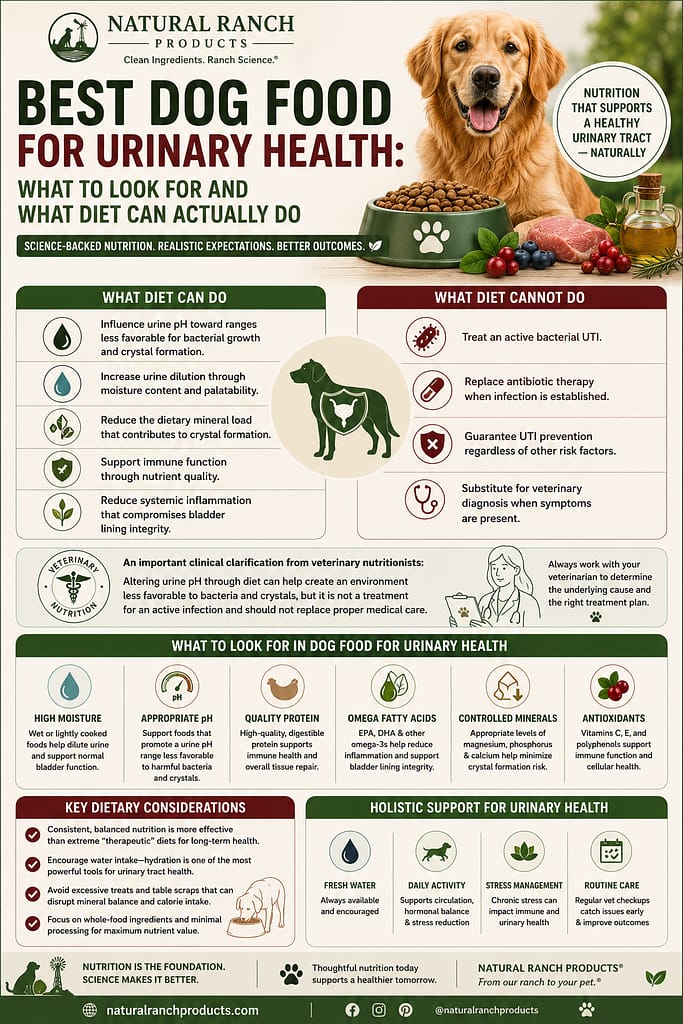 Best Dog Food for Urinary Health: What to Look For and What Diet Can Actually Do educational infographic from Natural Ranch Products featuring a golden retriever and a bowl of dog food. The infographic explains what diet can and cannot do for canine urinary health, including influencing urine pH, increasing moisture intake, supporting immune function, and reducing inflammation. It highlights important dietary factors such as high-moisture foods, quality protein, omega fatty acids, controlled minerals, antioxidants, and hydration while emphasizing that diet cannot treat an active bacterial UTI or replace veterinary care. Designed in a Pinterest-style educational infographic with Natural Ranch Products branding focused on dog bladder and urinary tract health.