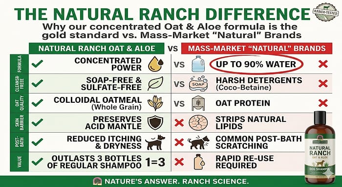 Comparison chart showing Natural Ranch Oat and Aloe dog shampoo is concentrated and soap-free vs mass-market brands that are 90% water.