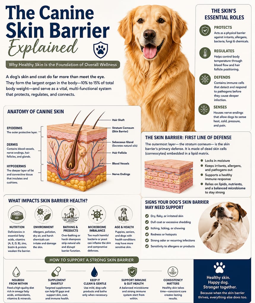 Educational infographic explaining the canine skin barrier and dog skin anatomy. Features a golden retriever, skin cross-section diagram, epidermis and dermis labels, immune defense functions, skin barrier health factors, and wellness tips for maintaining healthy dog skin and coat in a clean Pinterest-style layout.